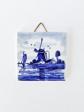 Vintage Tiny Blue Delft Dutch Holland Windmill Tile